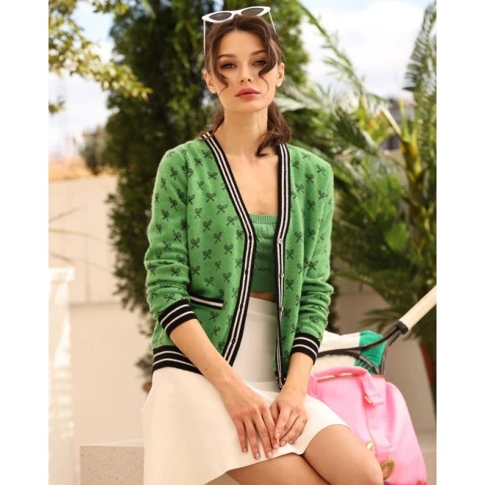 Minnie Rose Tennis Club Print Cardigan Sweater  Golf Green Cotton Cashmere S - Picture 2 of 15